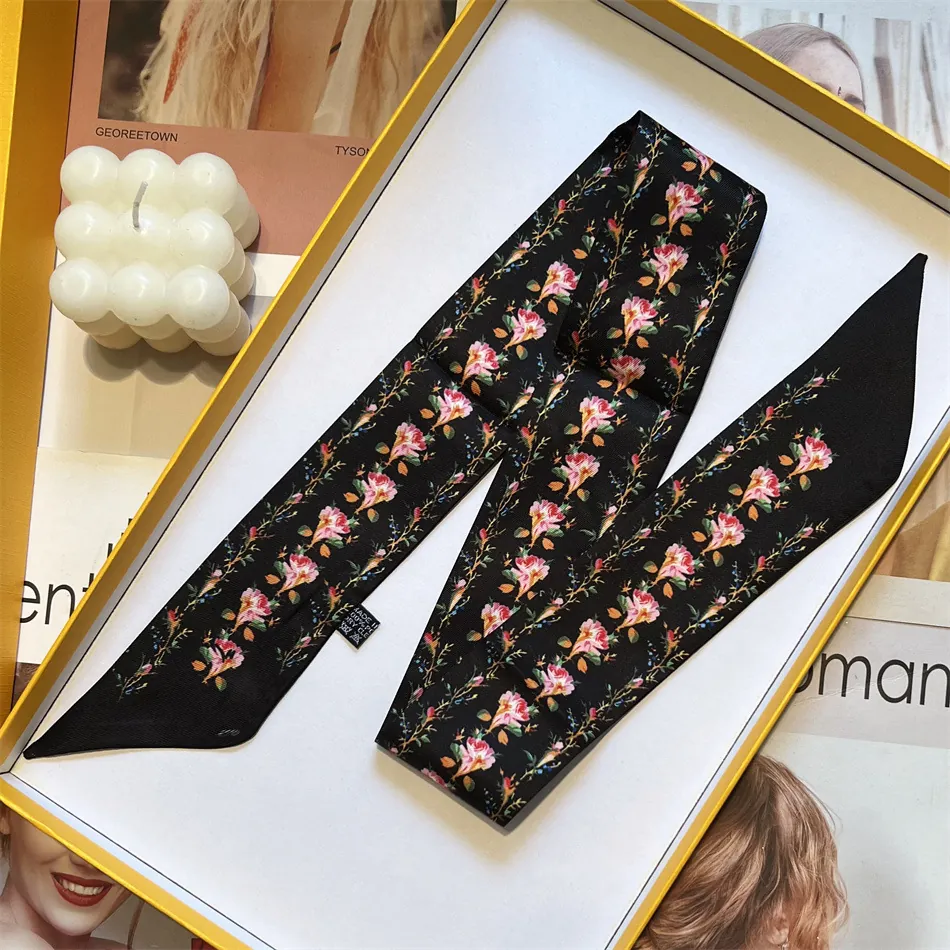 Französischer Stil Damen Blumenmuster Schmaler Satinschal Lang Haarband Schleife Für Hals Tasche Griff Fashion Accessoires