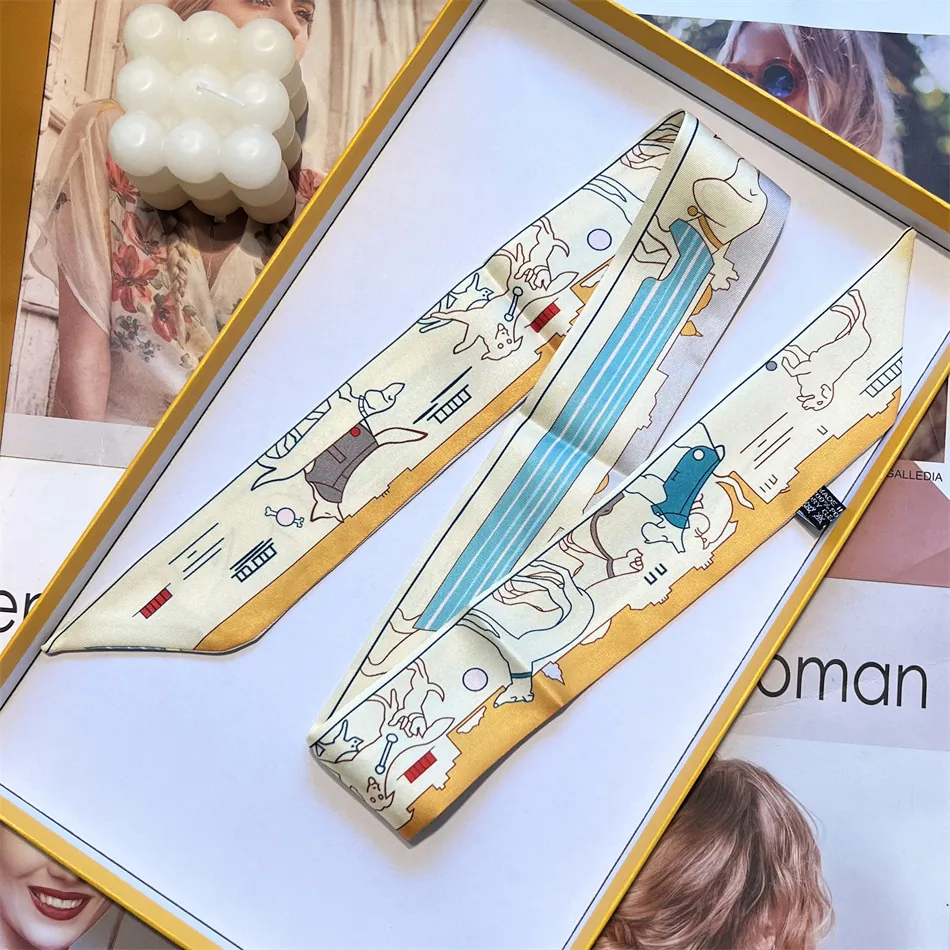 Damen Cartoon Hund Druck Satin Schmaler Schal Mode Twilly Haarband Halsband Dekorative Stirnband Tasche Griff Schal