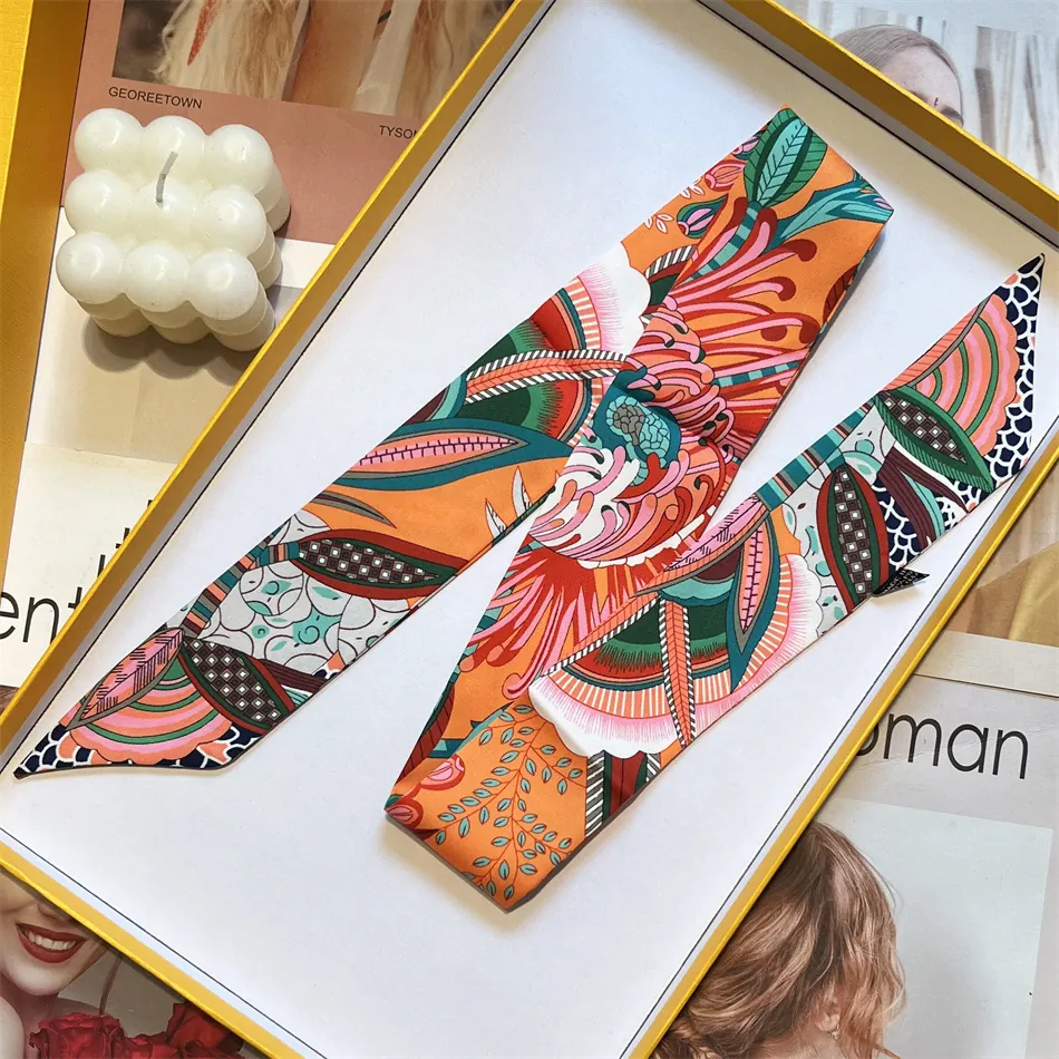 Women Vintage Satin Scarf Twilly Geometric Tropical Flower Print Hairband Ribbon Luxury Streamer Fashion Headband Bag Handle Decoration