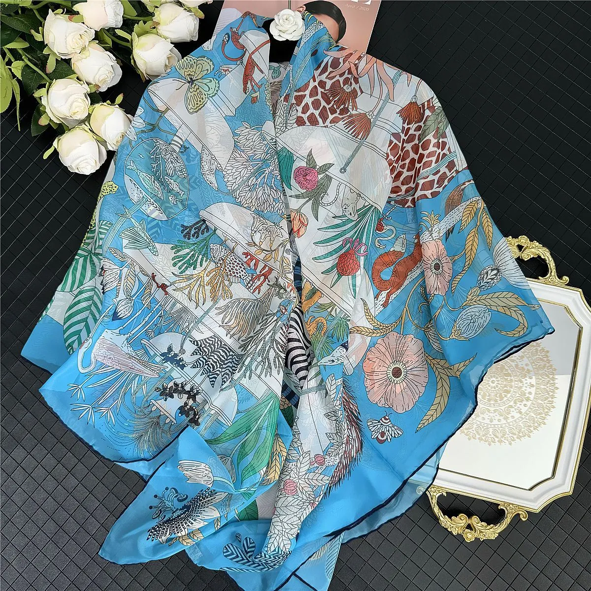 Dames Grote Vierkante Georgette Sjaal Artistieke Natuur Dieren Bloemenprint Zonbescherming Sjaal Elegante Modieuze Wikkelsjaal