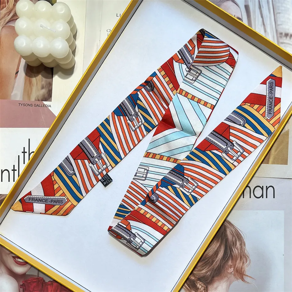 Elegant Satin Narrow Long Scarf For Women With Geometric Belt Buckle Print French Style Neck Tie Bag Handle Ribbon Decor Gift