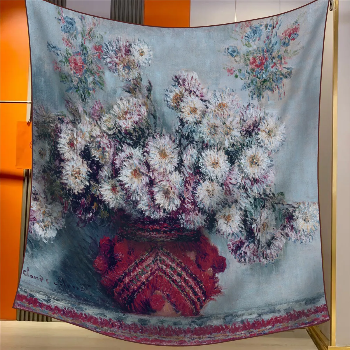 Monet Oil Painting Floral Print Square Scarf Satin Silk Like Large Shawl For Women Artistic Digital Print Decorative Scarf