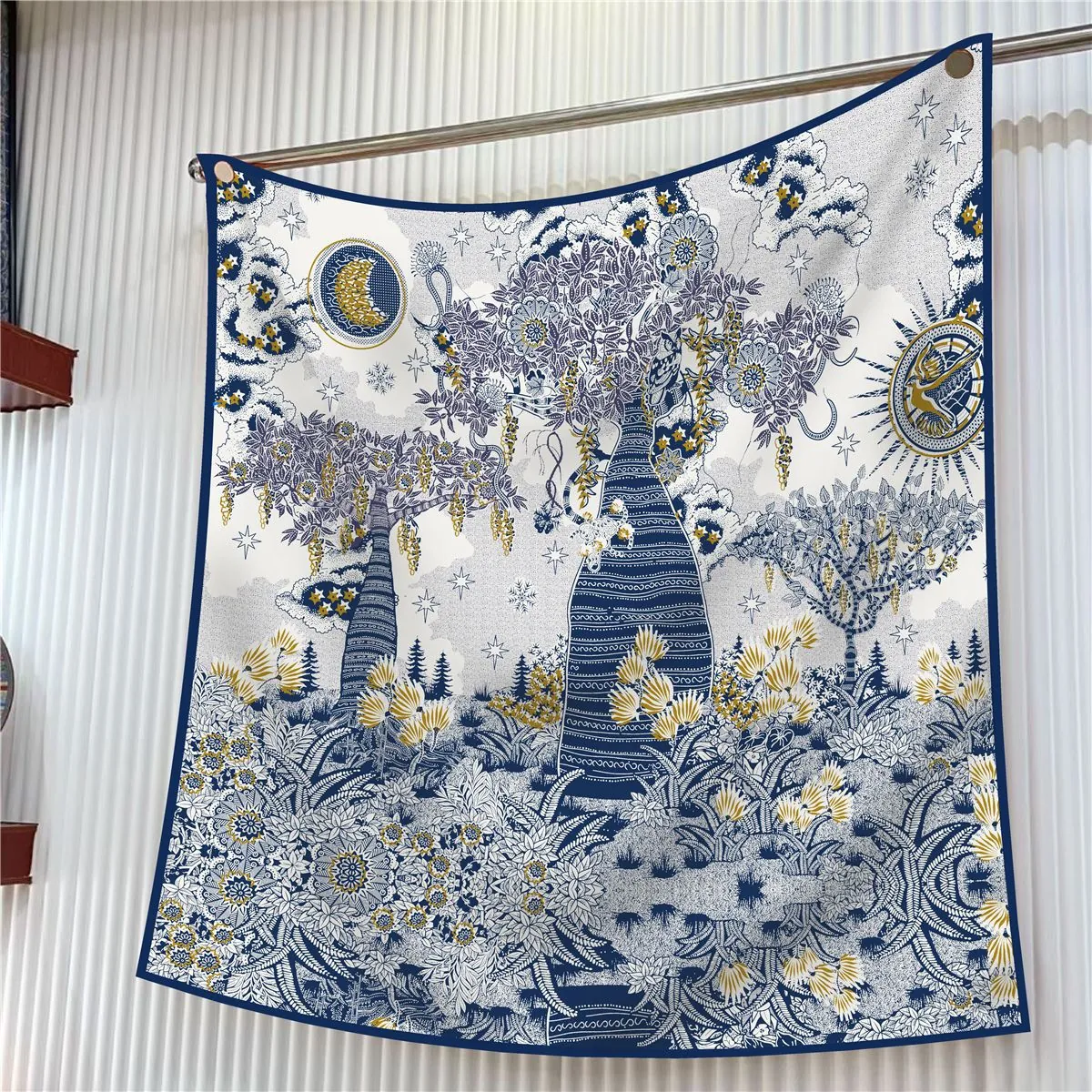Women Retro Satin Square Scarf Sun Moon Star Baobab Tree Print Artistic Silk Feeling Shawl For Travel Sun Protection