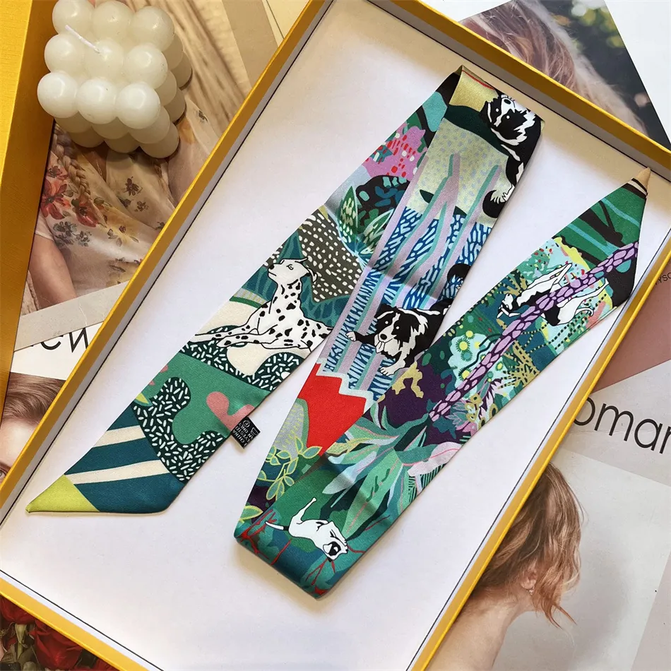 Women Satin Skinny Scarf Animal Dog Illustration Print Twilly For Handbag Hair Band Neck Tie Fashion Decorative Ribbon Scarf Gift