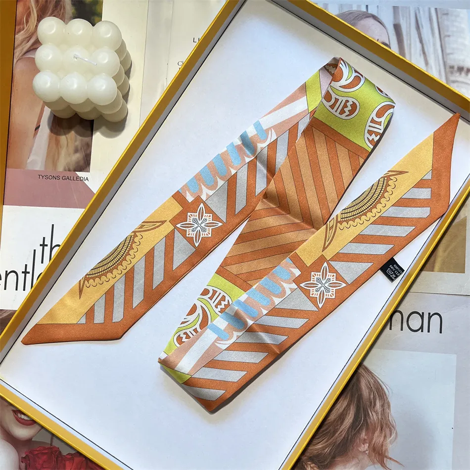 Women Satin Skinny Scarf Twilly Double Sided Print Silk Feeling Narrow Neck Tie Hair Band Bag Handle Ribbon Accessory