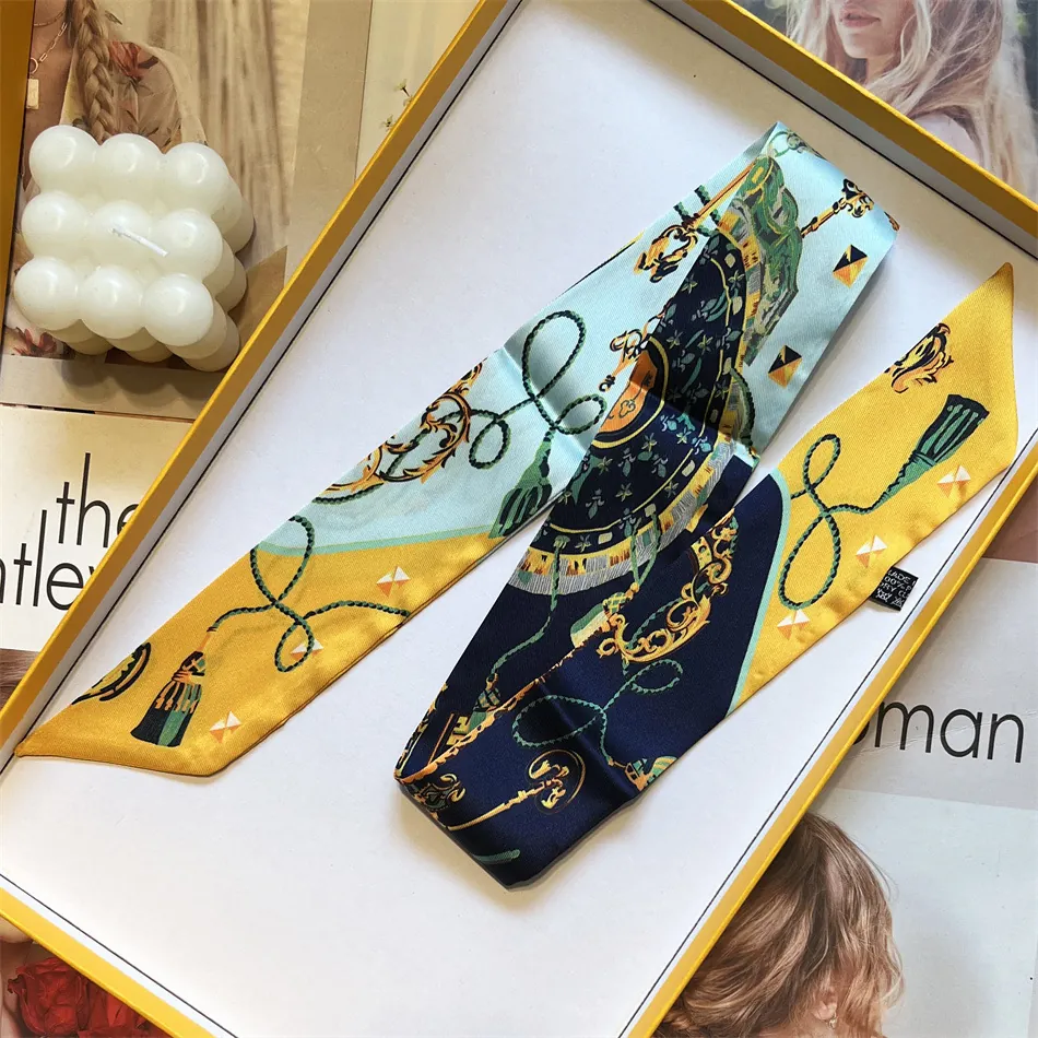 Vintage Baroque Satin Twilly Scarf For Women Luxury Chain Key Tassel Print Neck Hair Scarf Bag Ribbon Handle Wrap
