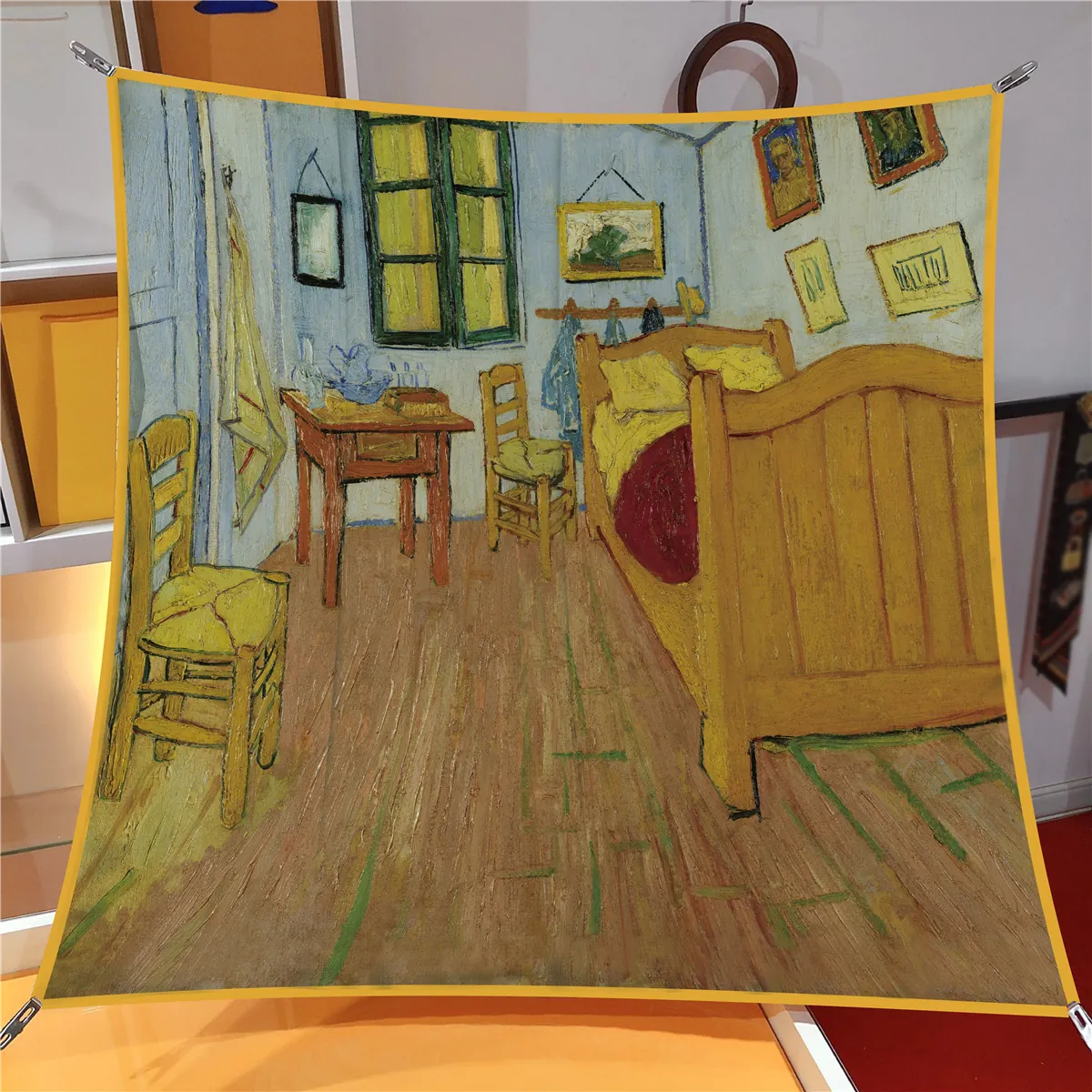 Van Gogh Bedroom Oil Painting Satin Square Scarf French Vintage Sun Protection Shawl Headscarf For Women Artistic Beach