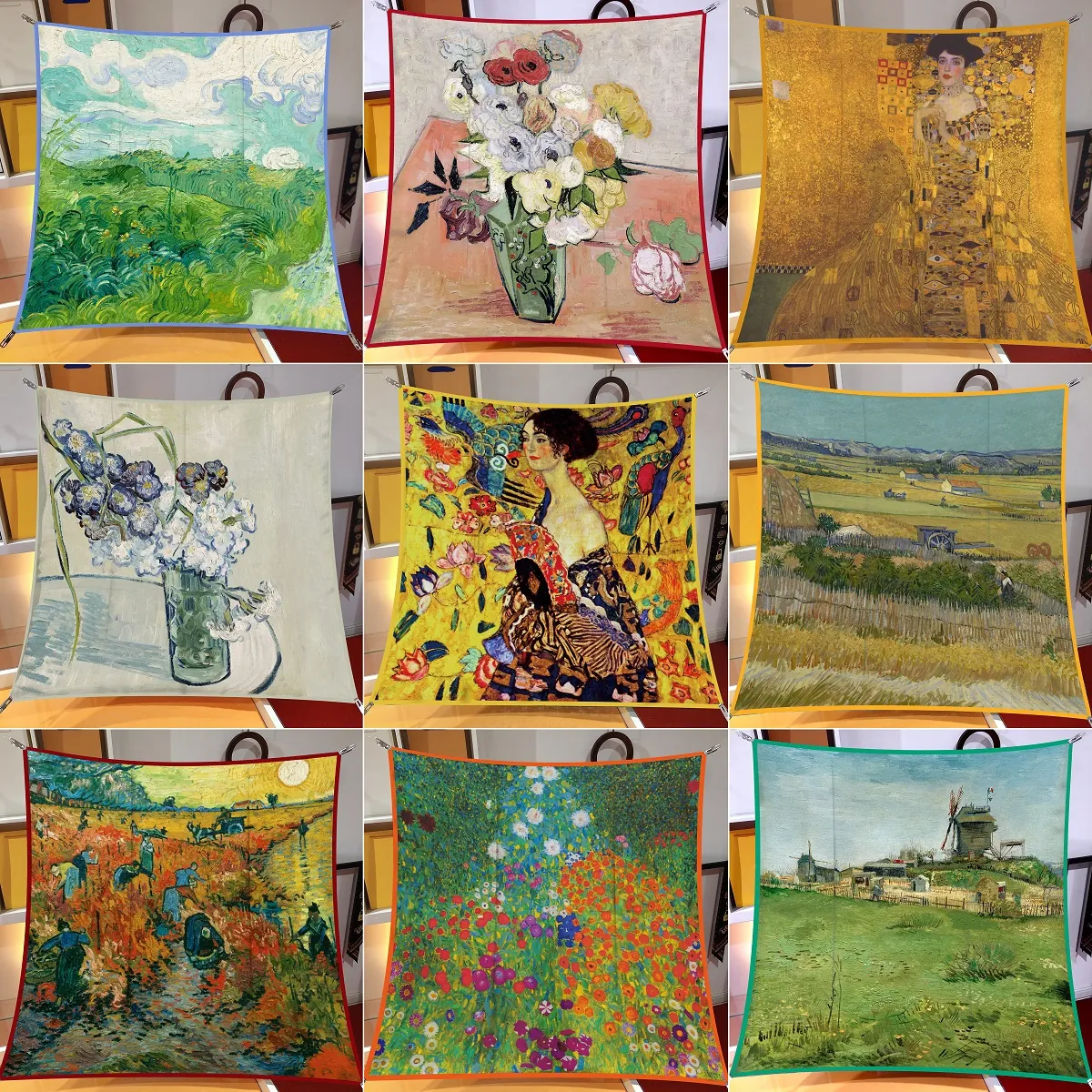 Foulard Quadrato in Raso con Stampa Pittura a Olio Vintage per Donna Artistico Stile Van Gogh Francese Retro Bandana Sciarpa