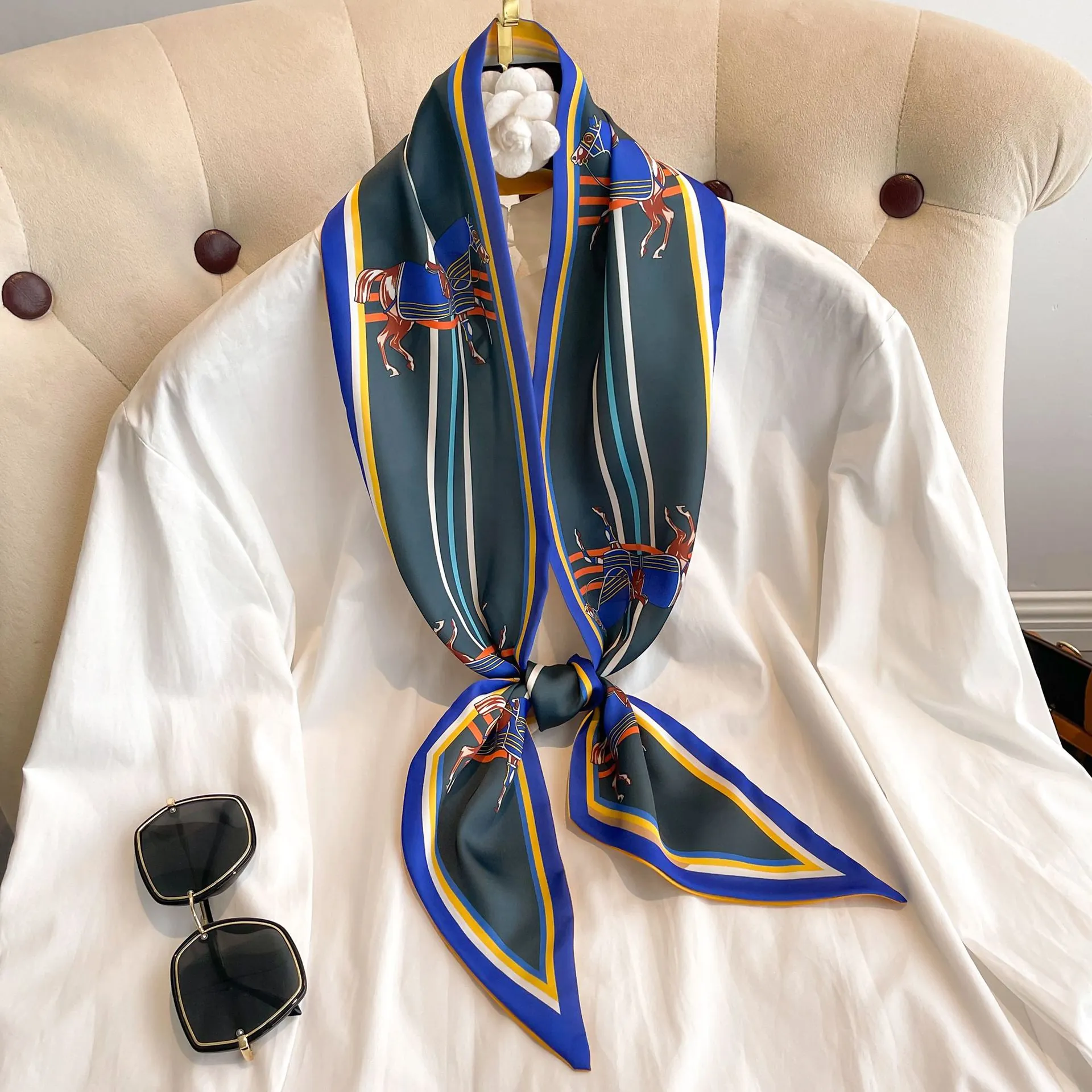 Vintage Equestrian Horse Print Satin Scarf For Women Retro Striped Necktie Slim Professional Office Neckerchief Fashion Hair Scarf