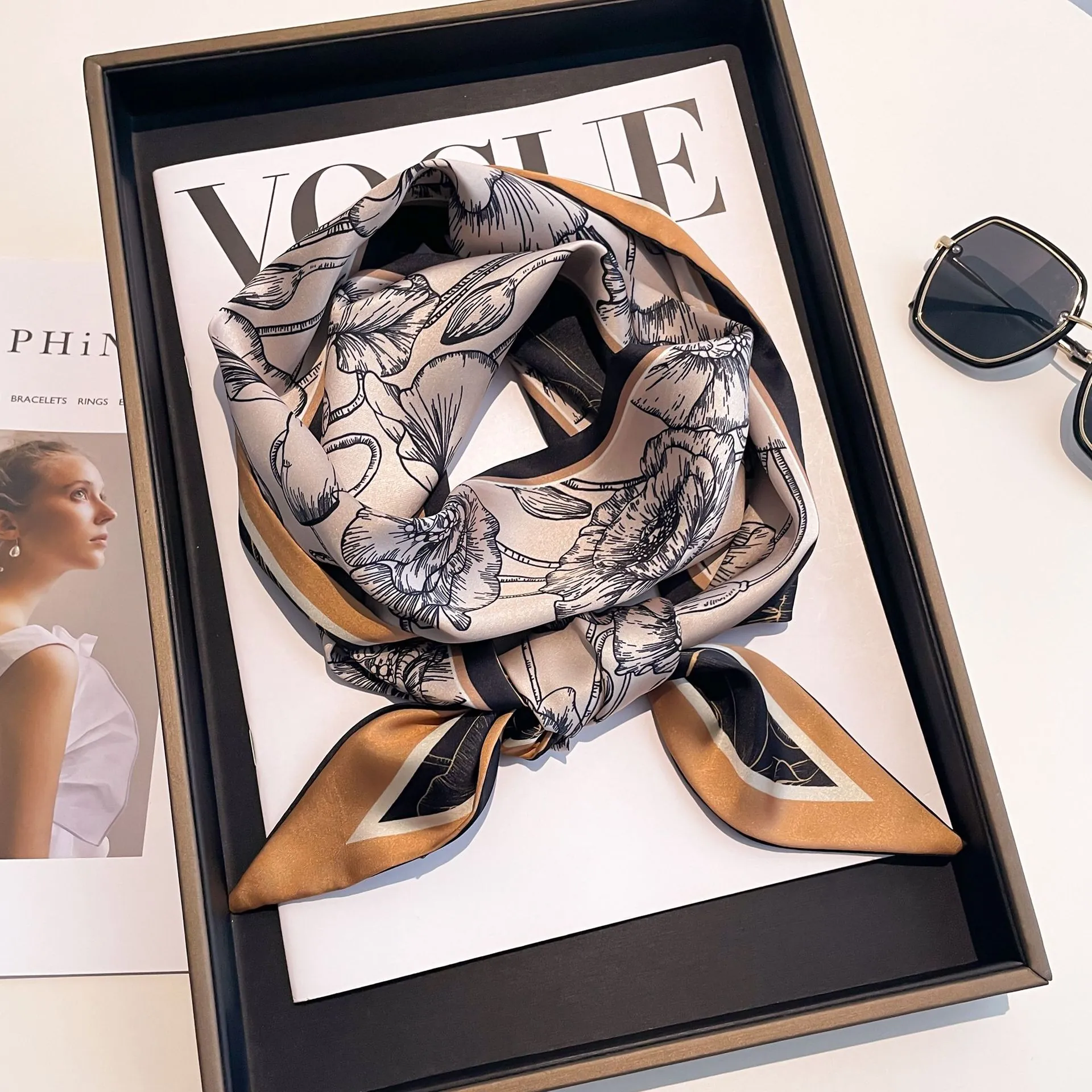 Elegant Floral Print Satin Scarf For Women Long Narrow Retro Botanical Pattern Smooth Decorative Neck Tie Handbag Ribbon Headband