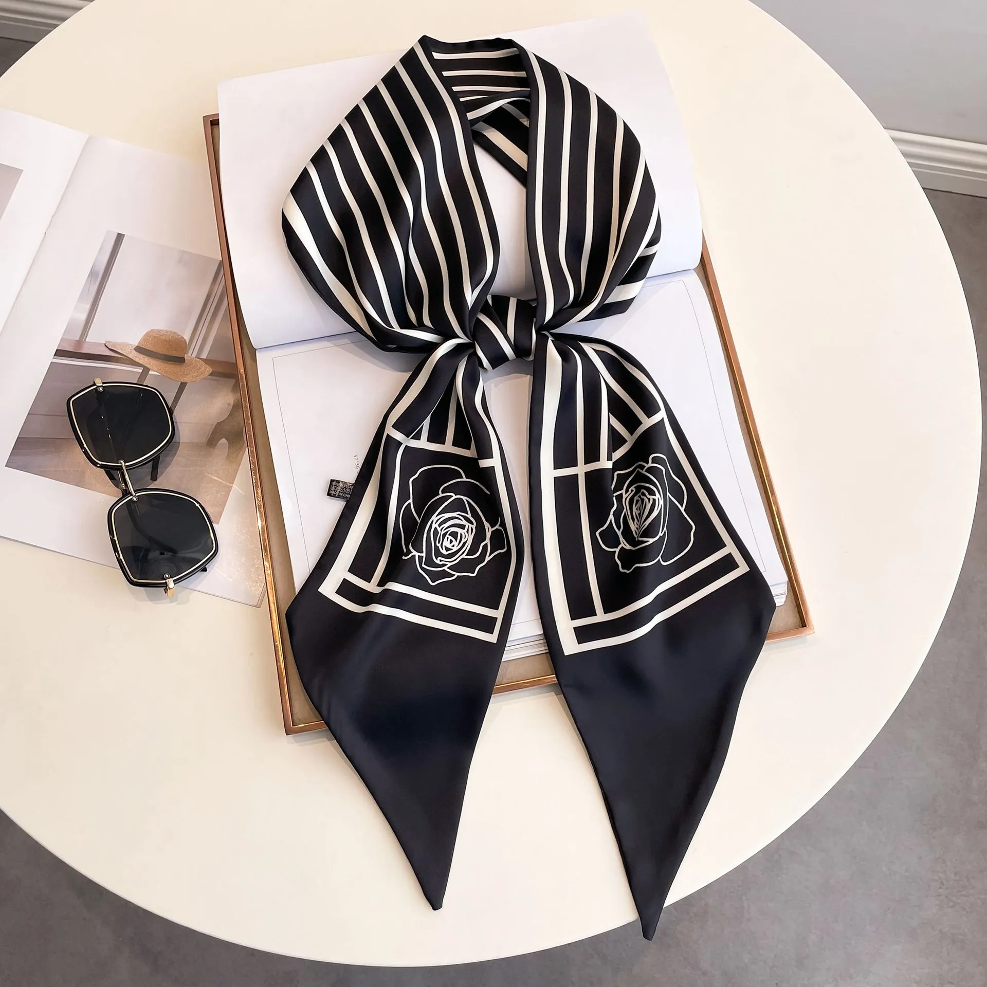 Elegant Black And White Striped Long Skinny Satin Scarf For Women With Rose Flower Print Retro Ribbon Tie Scarf For Shirts