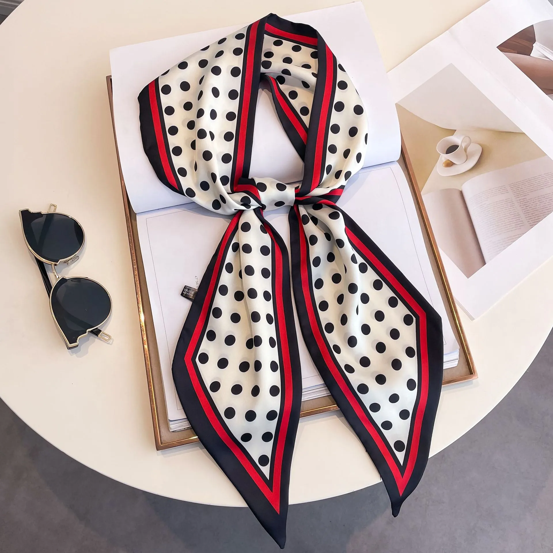 Elegant Polka Dot Satin Scarf For Women French Style Narrow Neck Scarf Contrast Border Skinny Long Silky Scarf Accessory