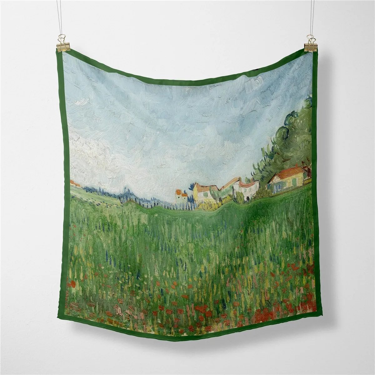 Artistic French Van Gogh Oil Painting Green Garden Satin Square Scarf For Women Vintage Floral Print Neck Scarf Neckerchief