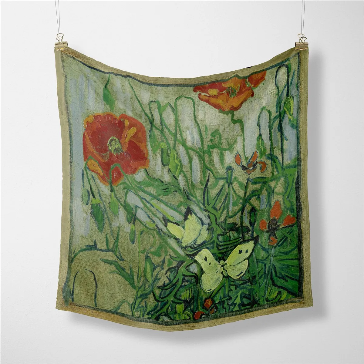 Van Gogh Oil Painting Butterfly Poppy Flower Print Satin Small Square Scarf For Women Artistic Decorative Neck Scarf Handkerchief