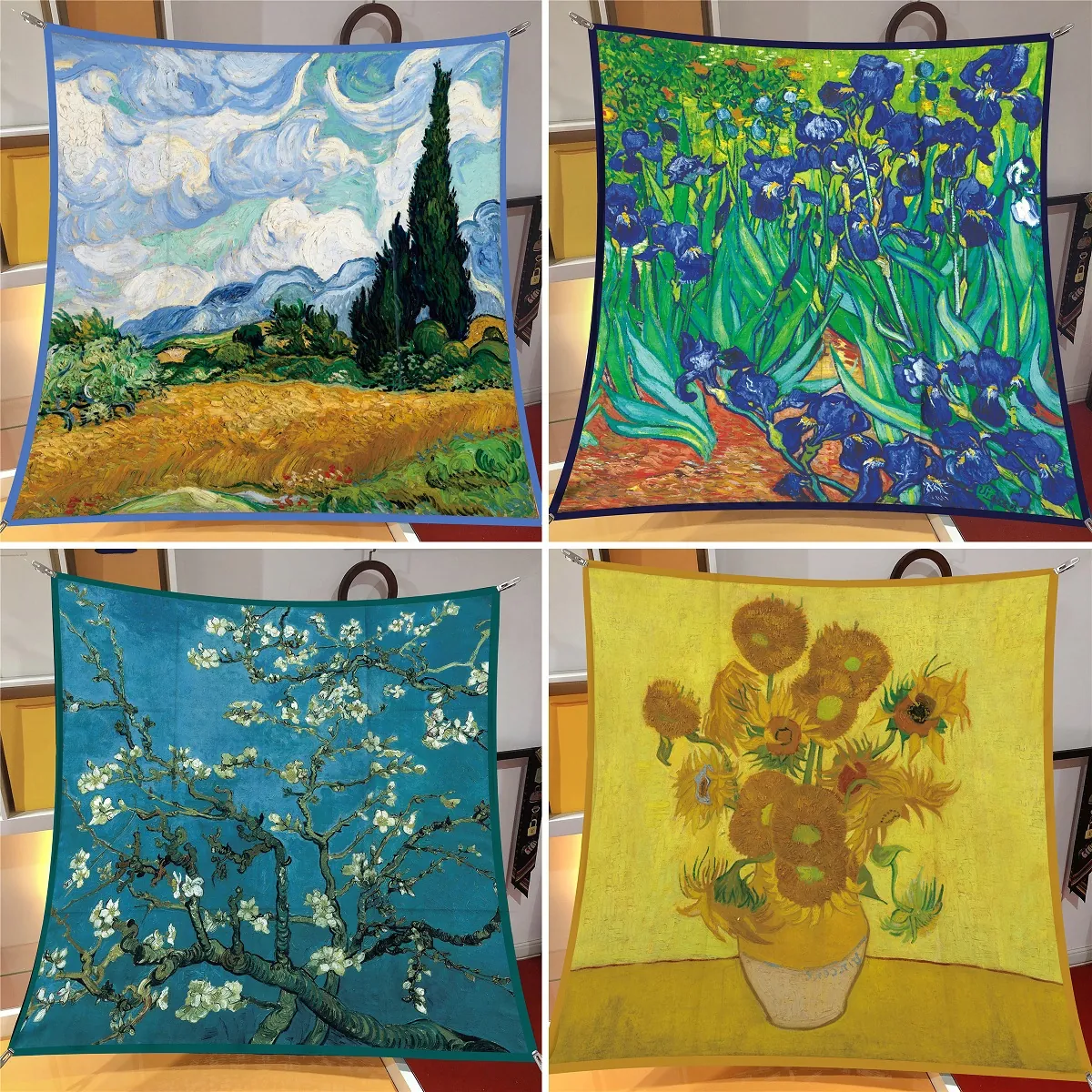 Carré de Soie Satin Vintage Peinture à l'Huile Van Gogh pour Femmes Imprimé Artistique de Peinture Célèbre Bandeau