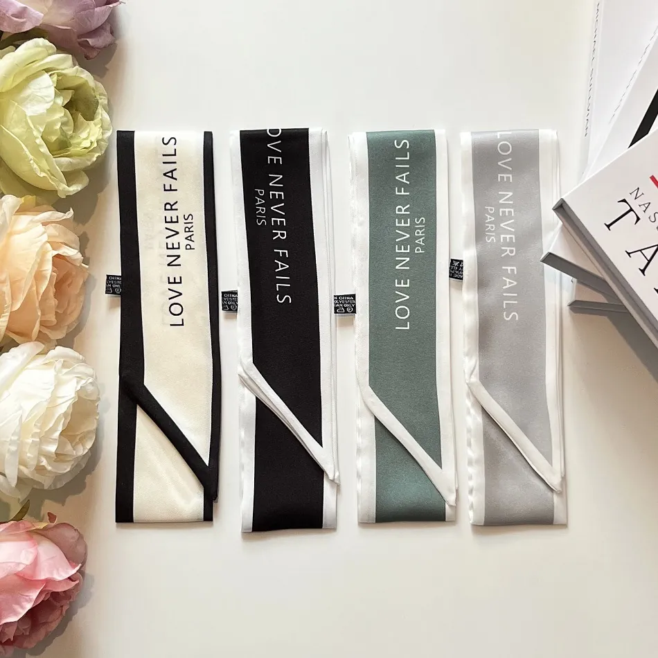Women Satin Twilly Scarf For Bag Handle Fashion Letter Print Contrast Border Neck Ribbon Accessory Hair Band