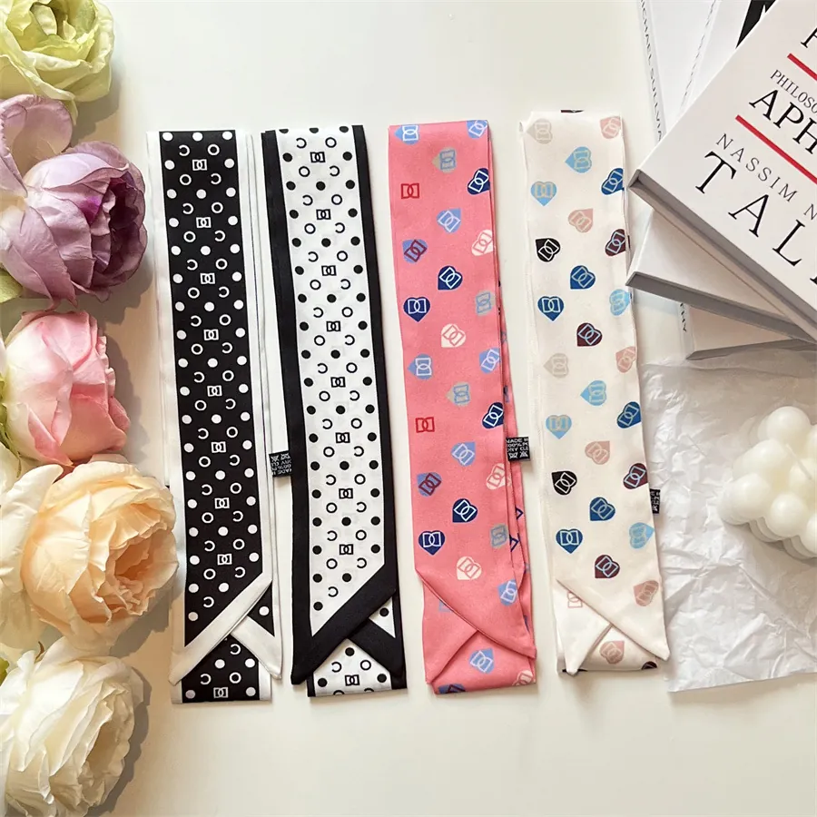 Elegant Skinny Satin Scarf For Women Polka Dot Heart Print Long Narrow Hair Ribbon Neck Scarf For Handbag Decorative Ribbon Fashion Accessory