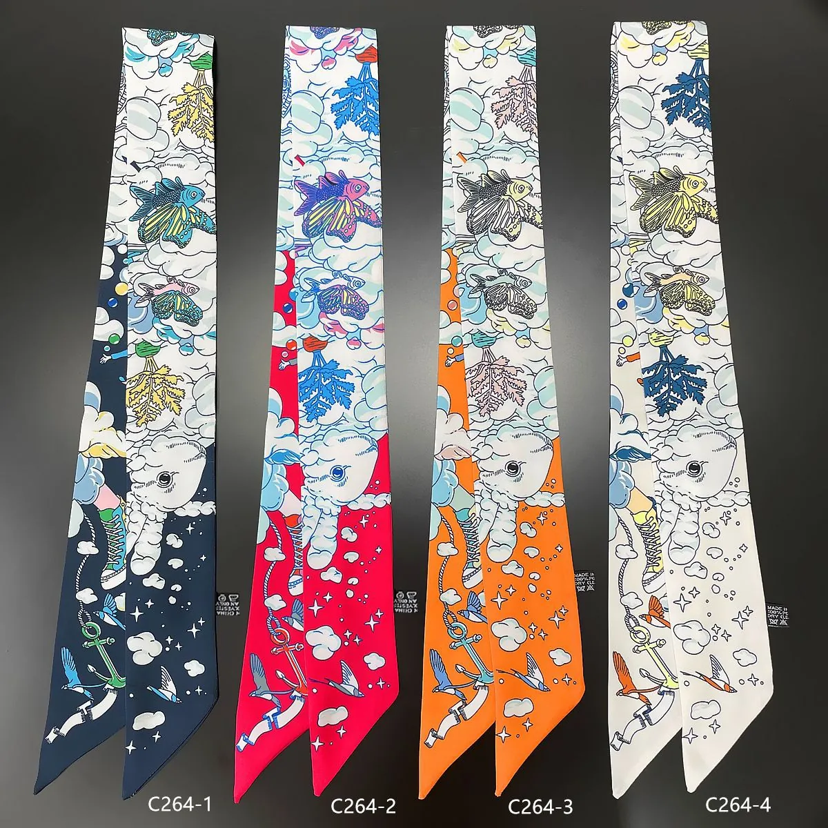 Women Fashion Satin Skinny Scarf Artistic Cartoon Printed Twilly Scarf For Handbag Wrap Neck Tie Accessory