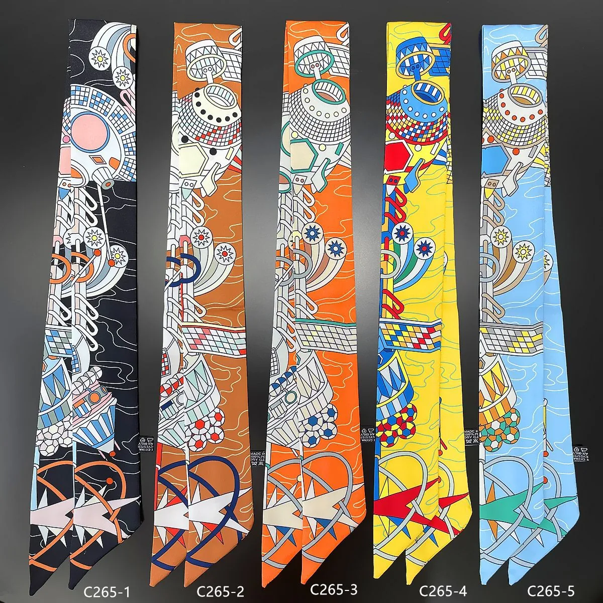 Women's Fashion Skinny Satin Scarf Modern Abstract Geometric Space Print Silk Feeling Twilly Ribbon For Bag Handle Hair Neck