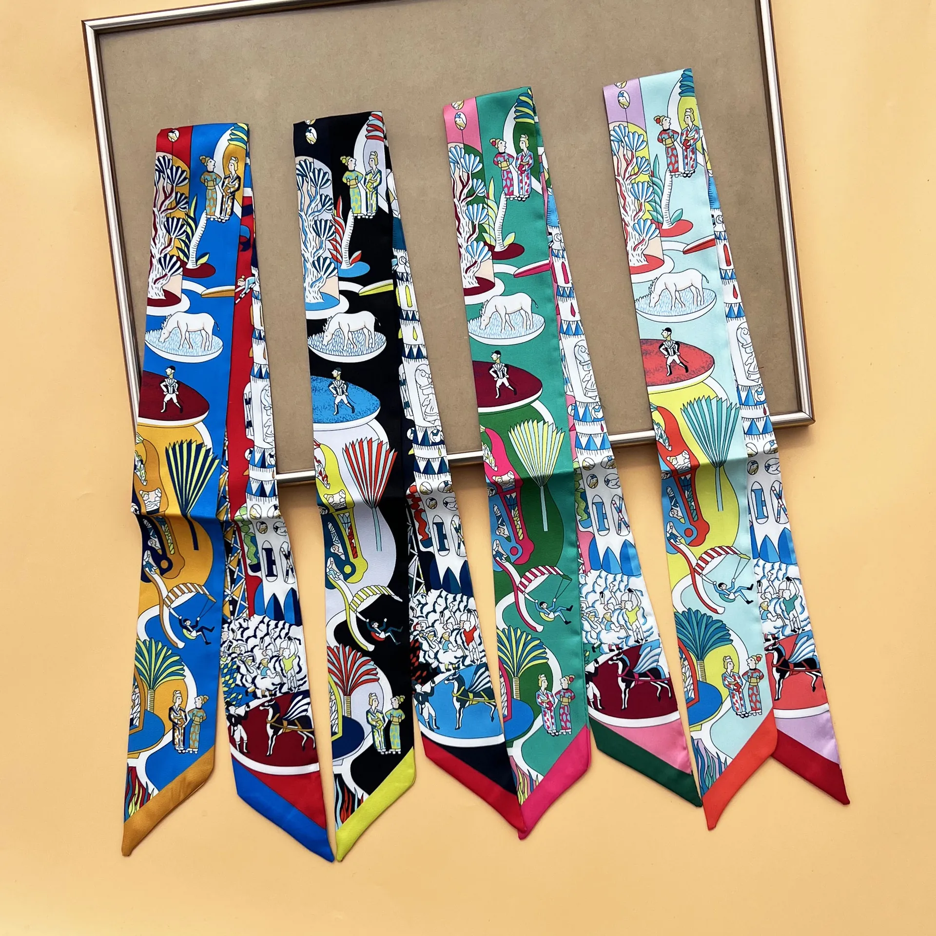 Women Artistic Illustration Print Satin Skinny Scarf Twilly For Bag Handle Hair Band Elegant Horse Architecture Pattern Neck Scarf