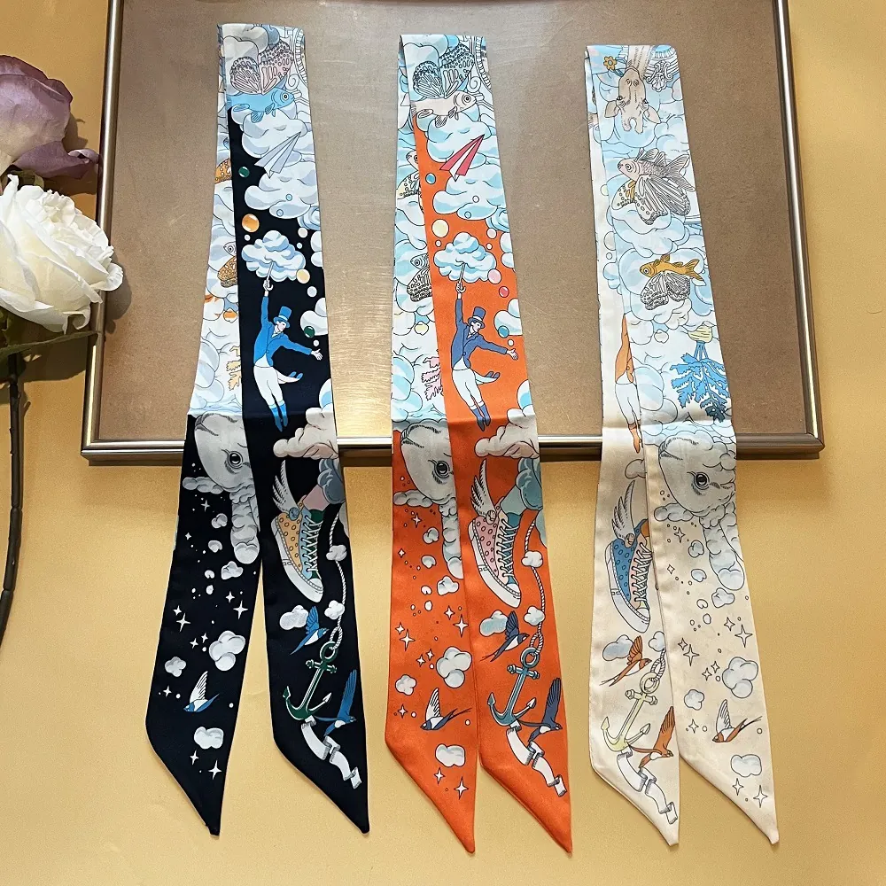 Satin Skinny Twilly Scarf For Bag Handle Whimsical Illustration Print Neck Tie Hair Band For Women Fashion Accessories