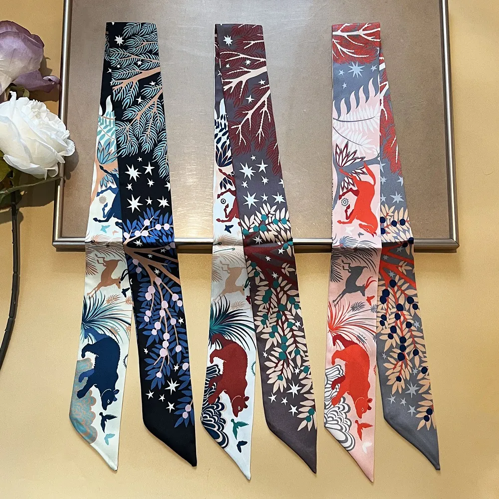 Women Vintage Forest Animal Starry Sky Print Satin Narrow Scarf Double Sided Long Twilly Ribbon For Handbag Neck Tie