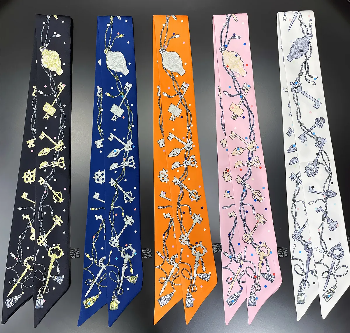 Women Vintage Key Chain Print Satin Twilly Scarf Narrow Long Ribbon For Handbag Handle Neck Tie Headband Elegant Hair Neckerchief