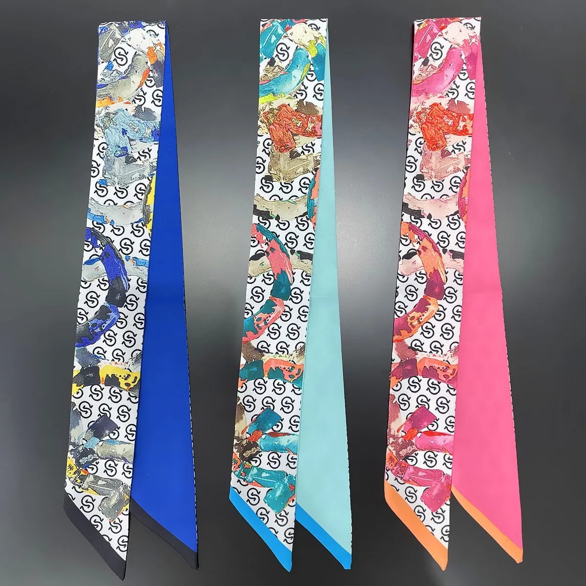 Women Fashion Satin Narrow Long Scarf Double Sided Letter Print Twilly Handbag Handle Scarf Hair Band Neck Tie Accessory