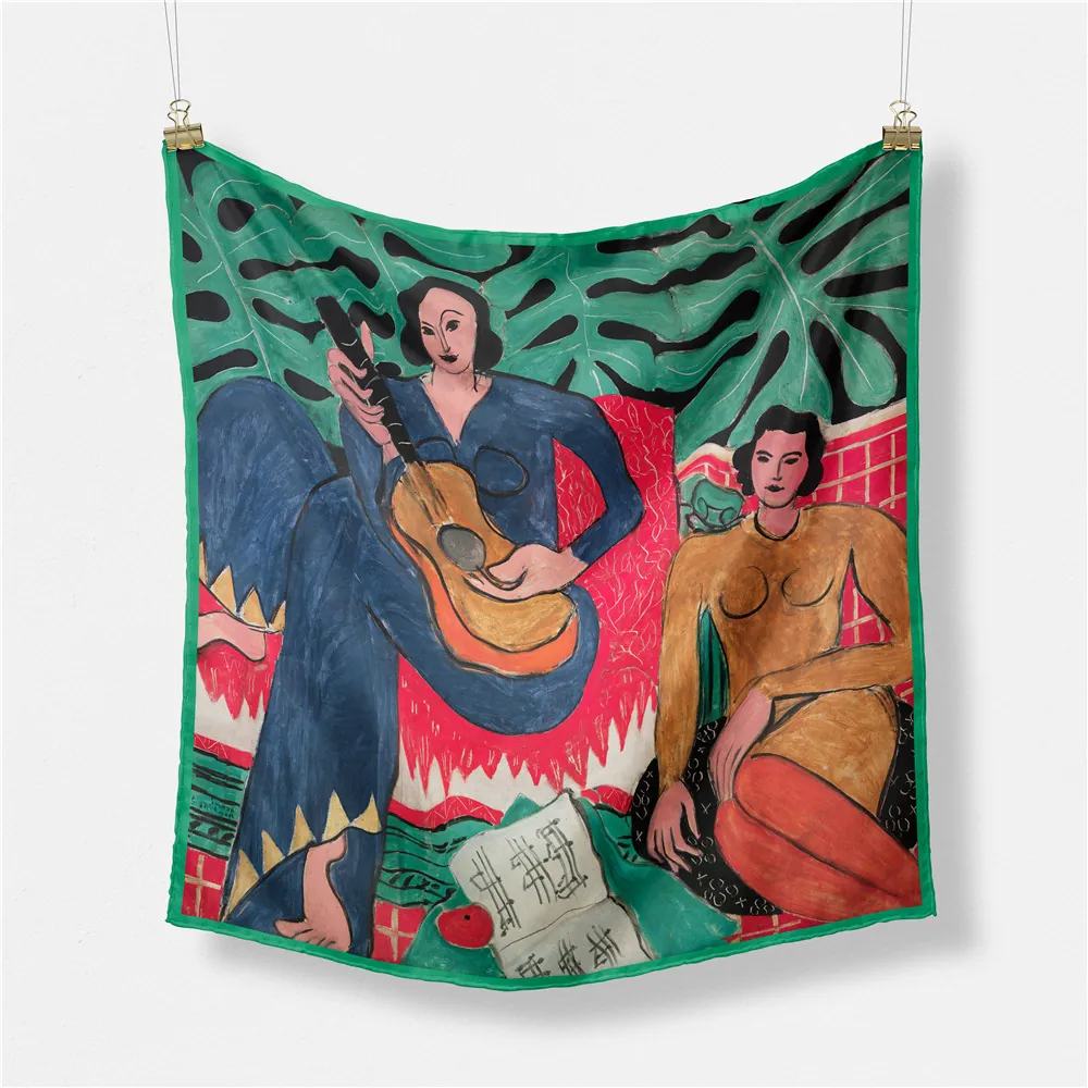 Matisse Oil Painting Print Satin Square Scarf Vintage Art Flower Botanical Green Border Neck Head Scarf For Women