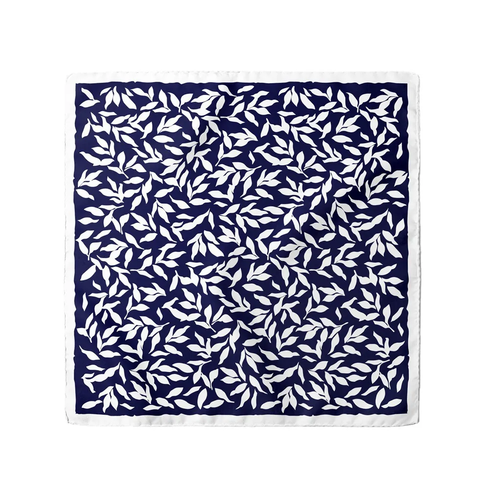 Eleganter Marineblauer Satin Quadratischer Schal mit Blattmuster Seidengefühl Kleiner Halsschal für Damen Vintage Mode Büro Damen Taschentuch