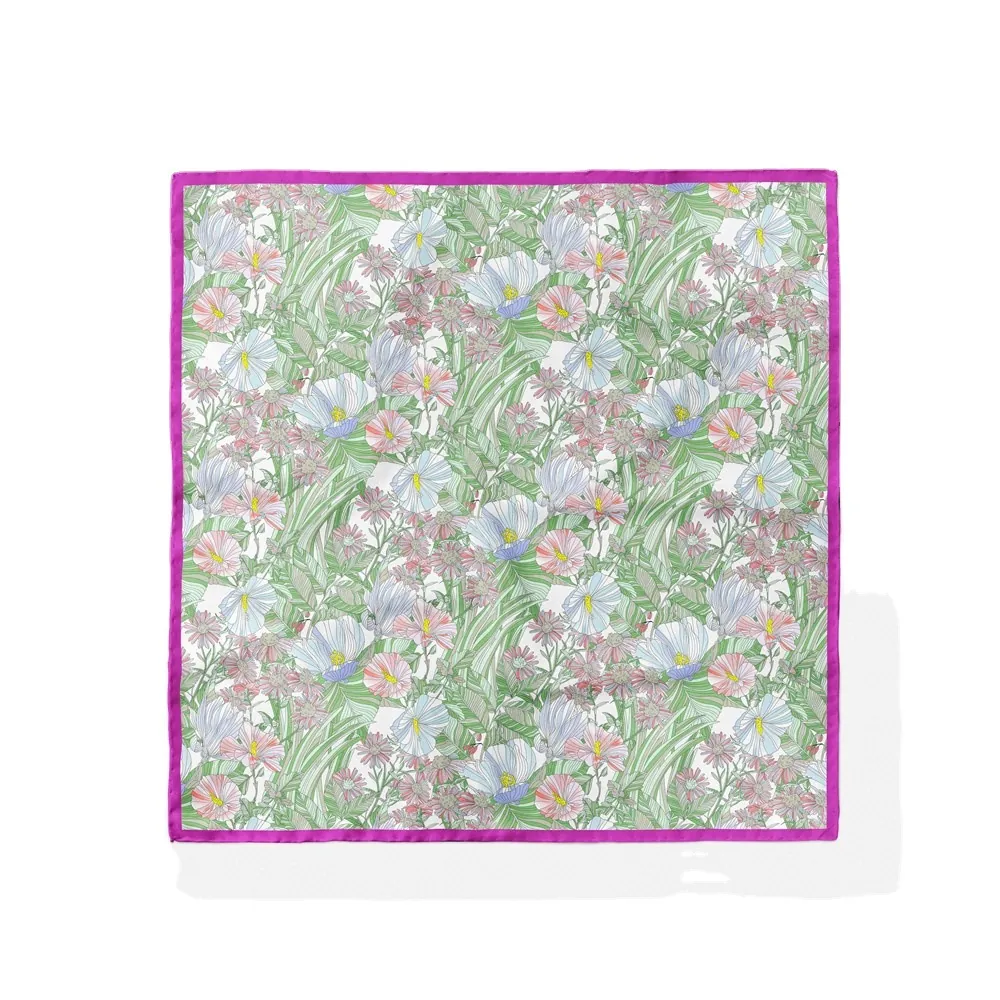 Women Floral Satin Square Scarf Botanical Print Decorative Headscarf Neck Scarf Rose Red Contrast Border Travel Beach Daily