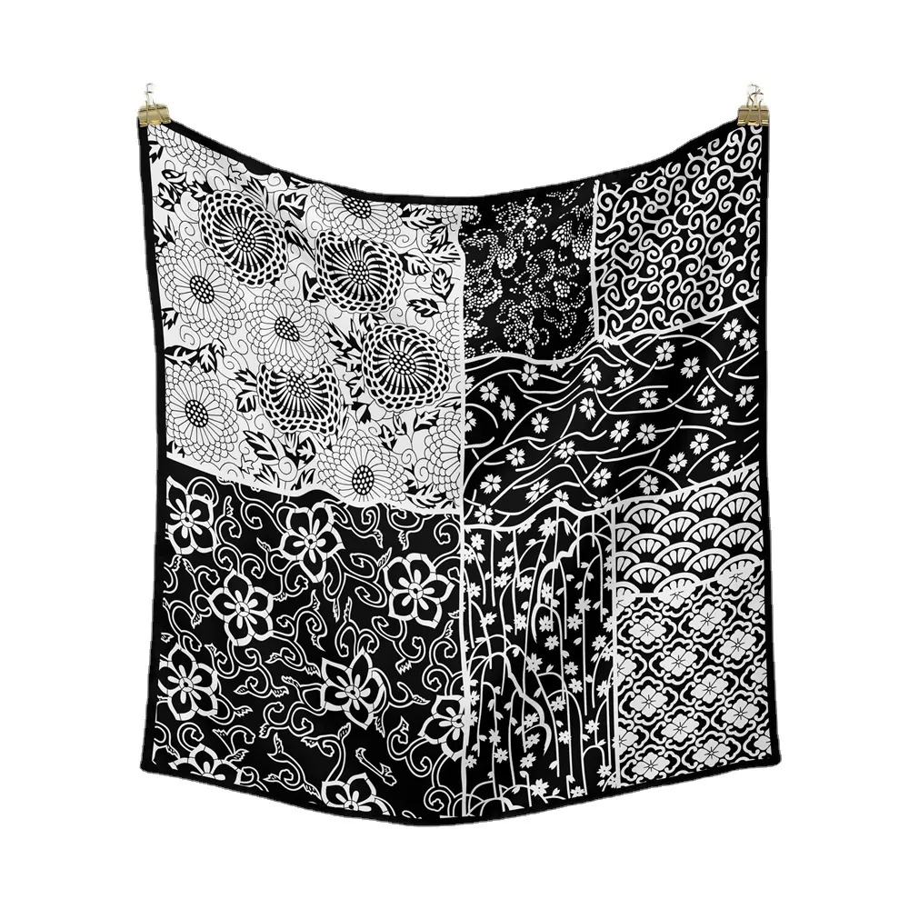 Vintage Black And White Satin Square Scarf For Women Japanese Floral Wave Print Patchwork Bandana Handkerchief Accessory
