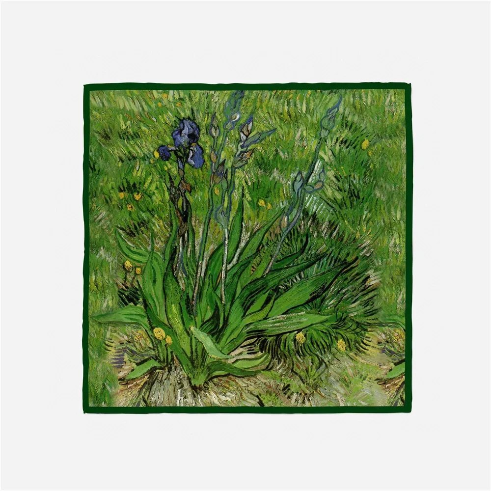 Van Gogh Irises Oil Painting Print Square Satin Scarf For Women Artistic Decorative Small Silk Like Neck Scarf Fashion Handkerchief Accessary