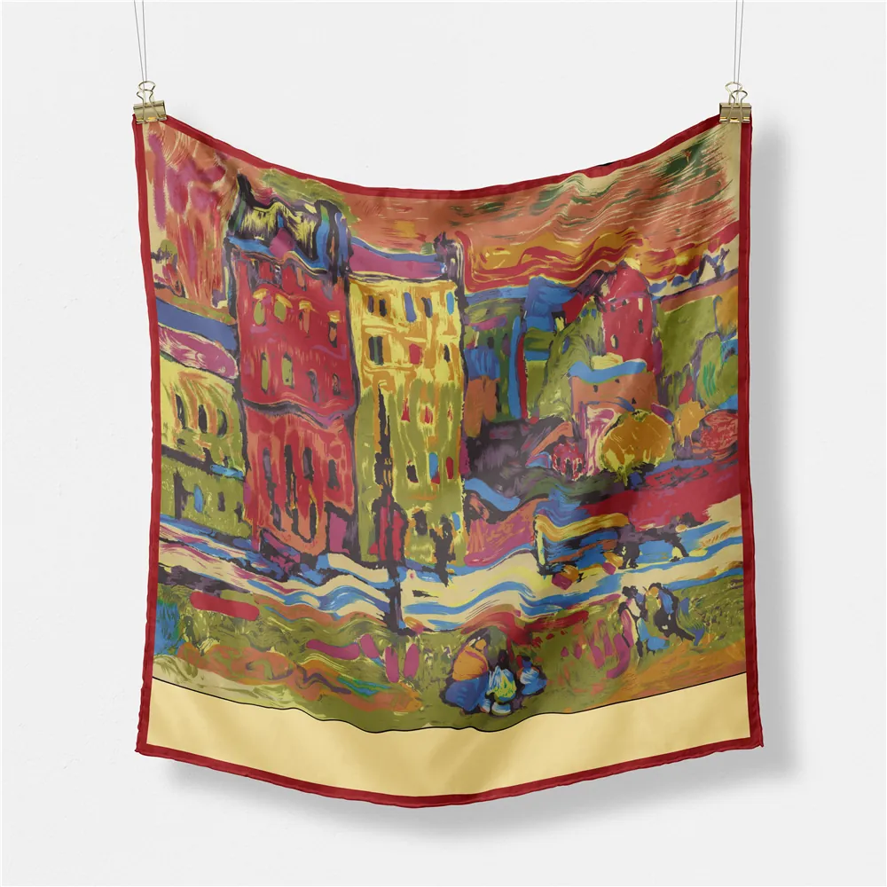 Van Gogh Red House Oil Painting Print Satin Square Scarf For Women Vintage Artistic Elegant Small Twill Neck Scarf Hair Accessory