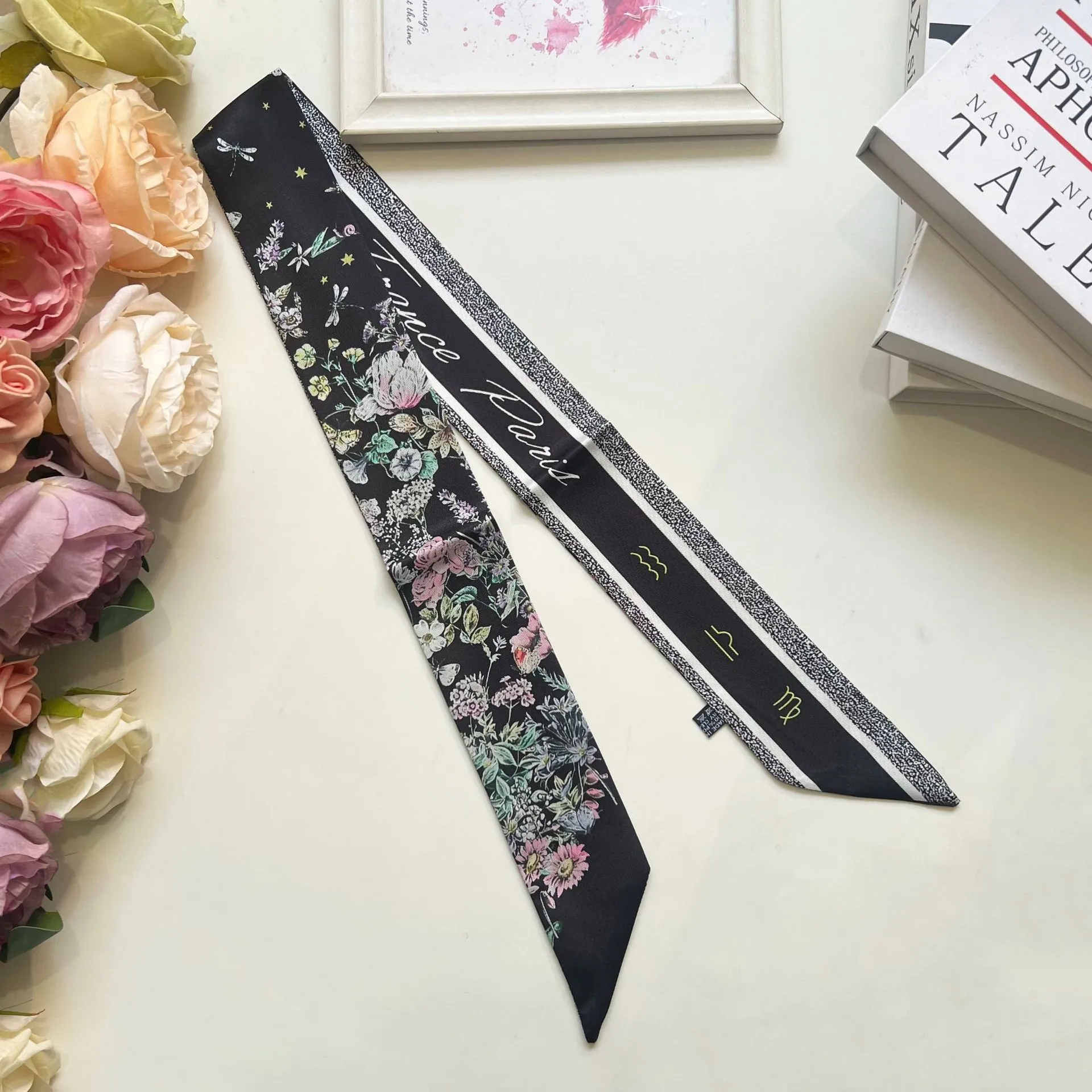 Sciarpa Stretta in Raso con Stampa Floreale Retro da Donna Stile Francese Twilly Nastro per Borsa Foulard Sottile Accessori