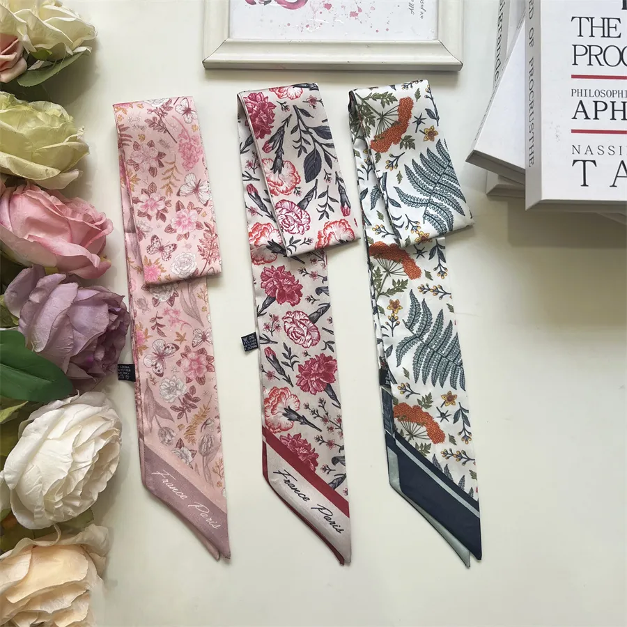 Women's Floral Print Satin Skinny Scarf Long Ribbon For Hair Bag Handle Neck Tie French Style Decorative Silk-Like Scarf
