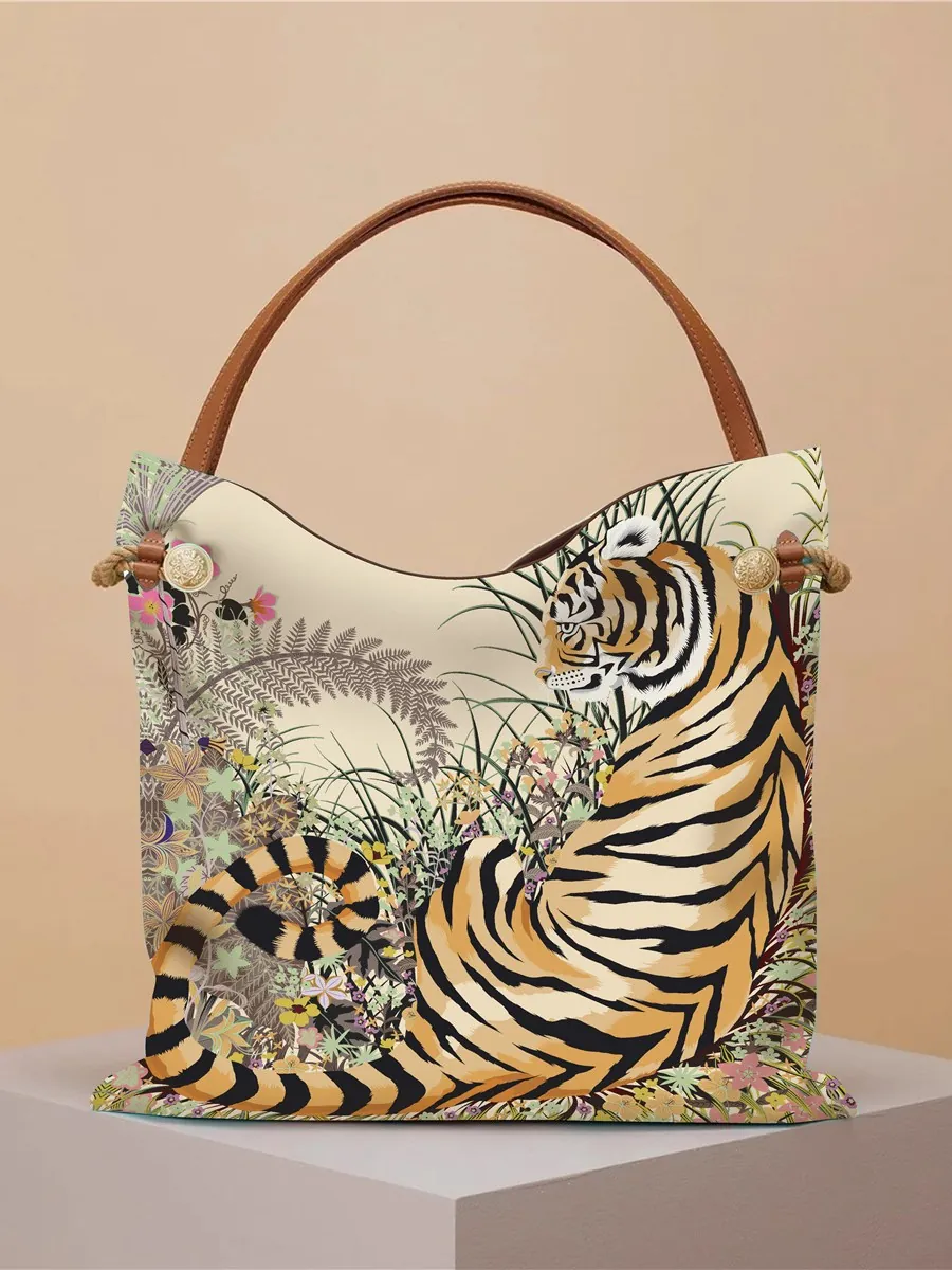 Large Capacity Tiger Print Tote Bag Polyester Artistic Floral Handbag With Circular Handles For Women Daily Travel Bag