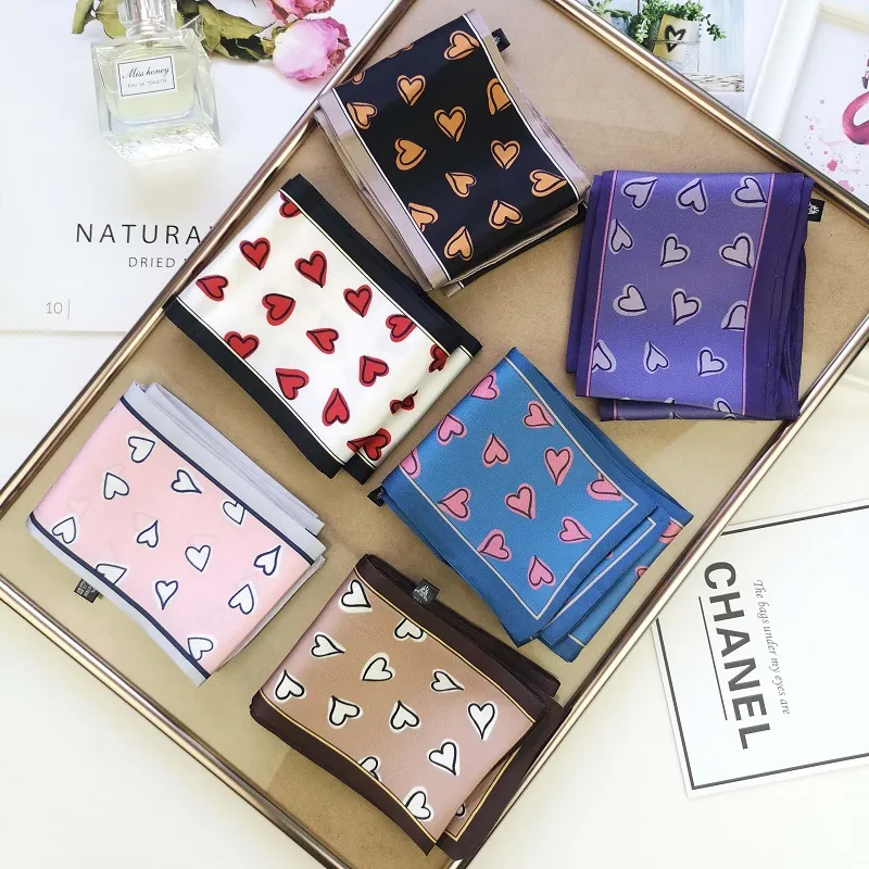 Sweet Heart Print Satin Narrow Scarf For Women Long Korean Style Chic Neck Scarf Hair Band Handbag Ribbon Decoration