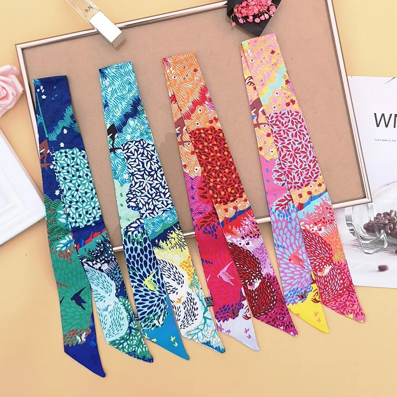 Sciarpa Twilly in Raso Artistico Con Stampa Floreale Uccelli Animali Fascia Per Manico Borsa Nastro Sottile Donna