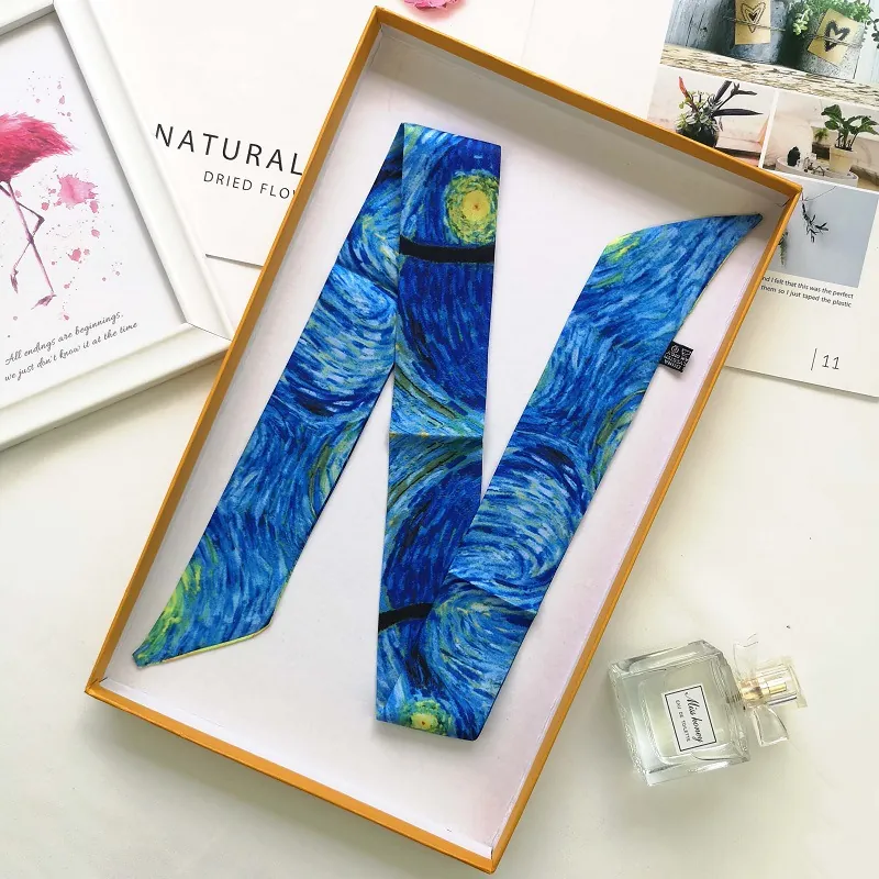 Van Gogh Oil Painting Art Print Narrow Satin Scarf For Women Fashion Ribbon Hair Band Bag Handle Wrap Silk Feel Decorative Scarf Neck Tie