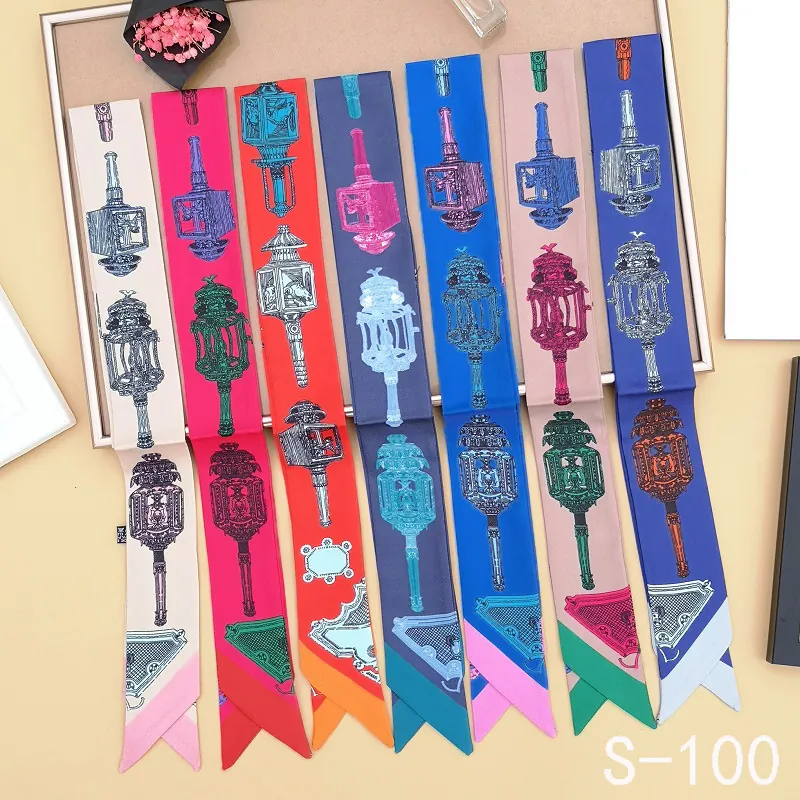 Franse Vintage Satijnen Twilly Sjaal Retro Lantaarn Print Smalle Zijdeachtige Hals Sjaal Handtas Handvat Lint Vrouwen Accessoires