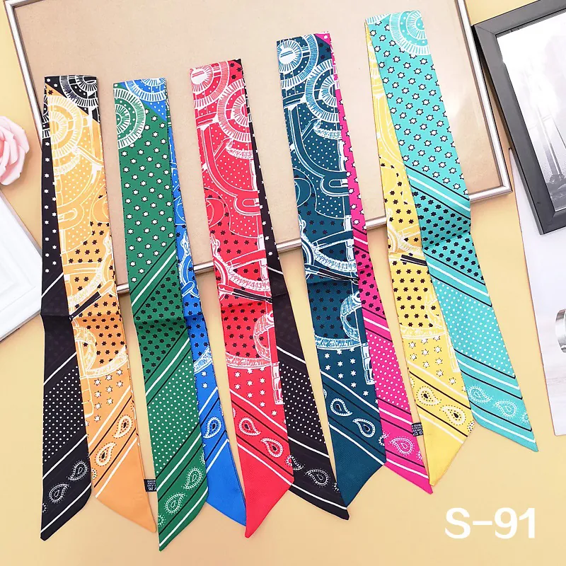 Narrow Satin Scarf For Women Paisley Polka Dot Star Print Ribbon Hair Band Bag Handle Wrap Silk Like Neck Tie Accessory