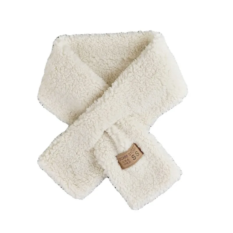 Women Winter Thickened Faux Lamb Wool Scarf Warm Sherpa Fleece Neck Warmer Solid Color Cross-Over Scarf With Leather Decoration