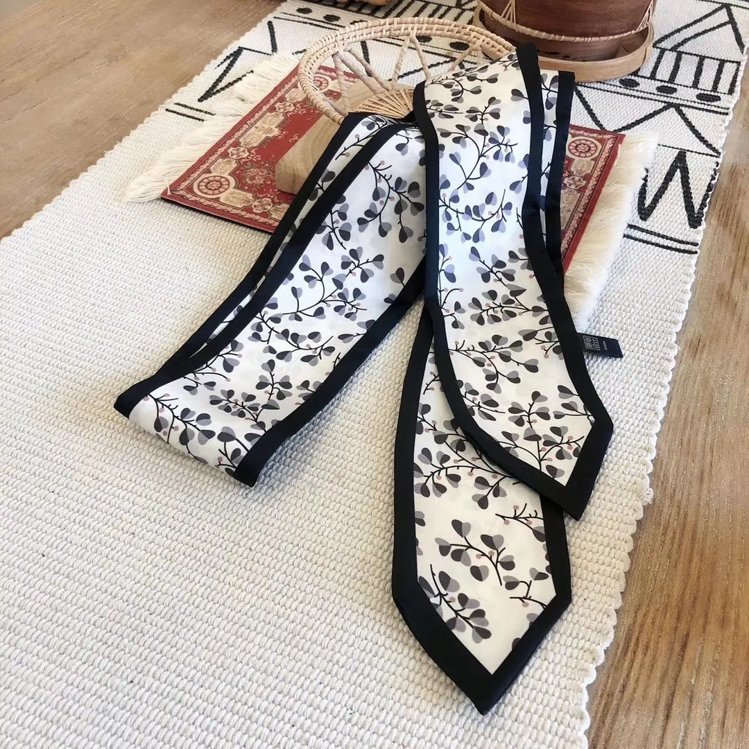 Écharpe Étroite en Satin pour Femmes Imprimé Floral Feuille Ruban de Poignée de Sac Élégant Bandeau Foulard de Cou Accessoires
