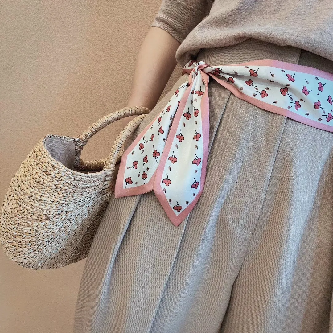 Women's Narrow Satin Scarf Cherry Print French Minimalist Long Necktie Hair Band Bag Tie Belt Accessory