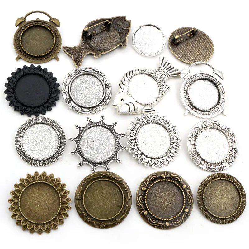 Vintage Zinklegierung DIY Schmuckzubehör Brosche Basis Anhänger Tablett Sonnenblume Fisch Wecker Form Für Cabochon Fassung Handwerk