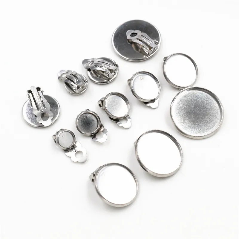 Stainless Steel DIY Earring Clip Base Bezel Tray Round Blank Settings For Non Pierced Ear Jewelry Making Finding Findings