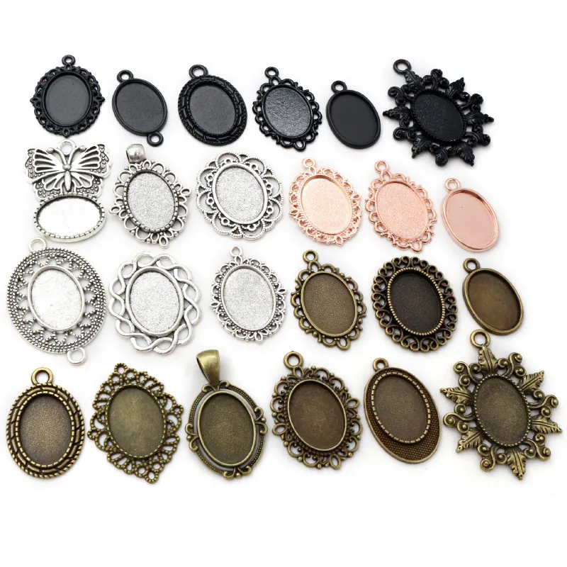 Vintage Zinc Alloy Oval Pendant Base Cabochon Bezel Tray Hollow Lace Setting For DIY Necklace Jewelry Making Findings