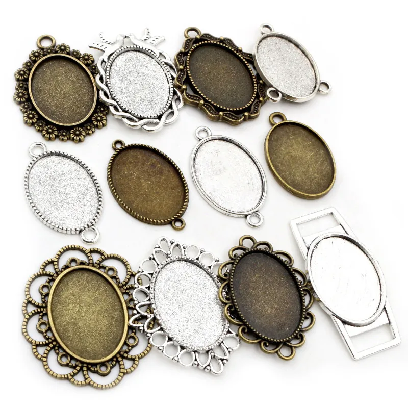 DIY Jewelry Making Oval Cabochon Bezel Setting Pendant Base Alloy Antique Silver Bronze Rose Gold Black Filigree Flower Bird Connector Tray