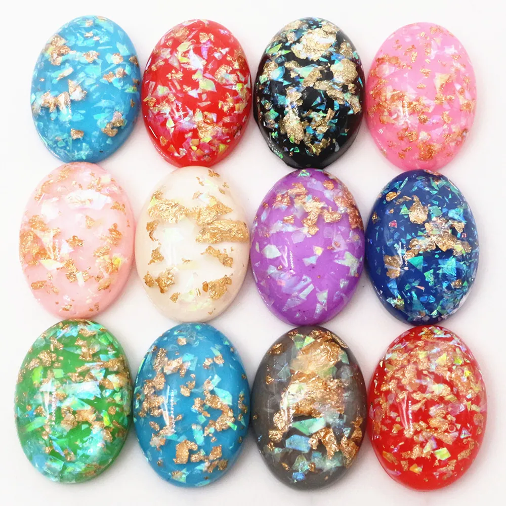 Imitation Bernstein Harz Cabochon Flache Rückseite Ovaler Patch Mit Goldfolie Glitzer Irisierendes Sternenhimmel Muster DIY Schmuckherstellung Anhänger Zubehör